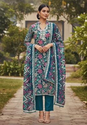 Teal Blue Embroidered Oragnza Dress Material