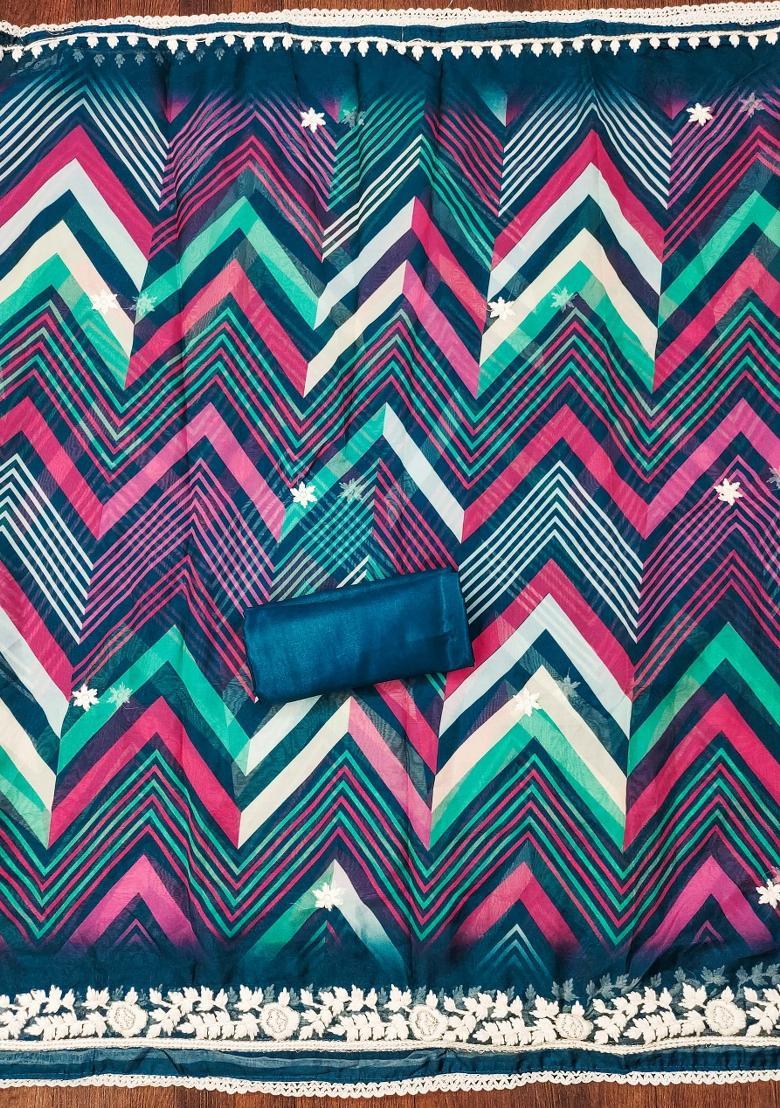 Teal Blue Embroidered Oragnza Dress Material - Indya