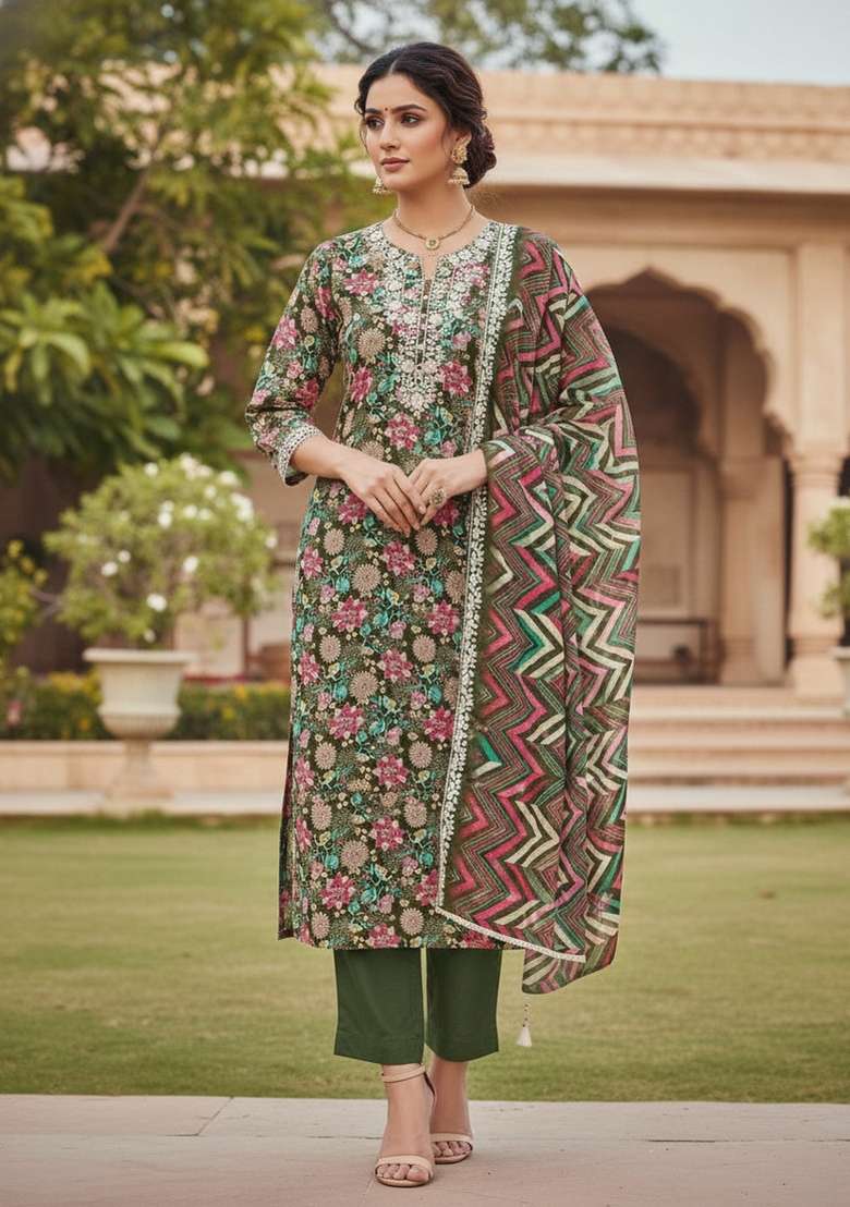 Olive Green Embroidered Oragnza Dress Material - Indya