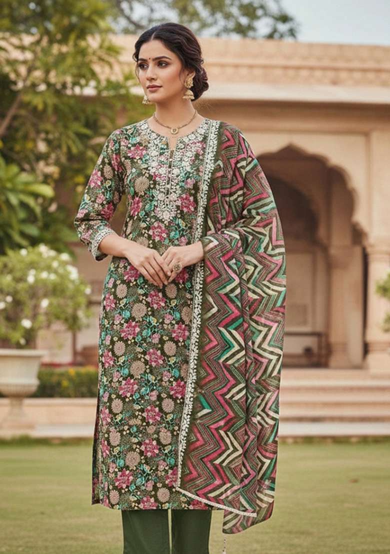 Olive Green Embroidered Oragnza Dress Material - Indya
