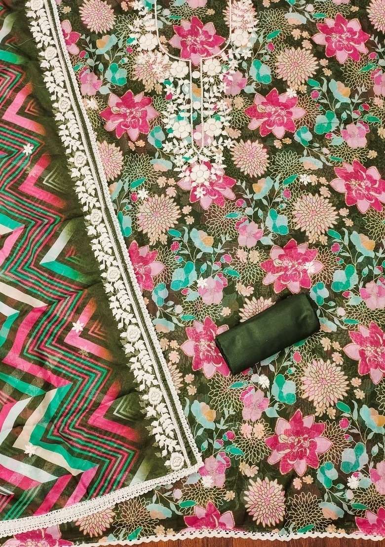 Olive Green Embroidered Oragnza Dress Material - Indya