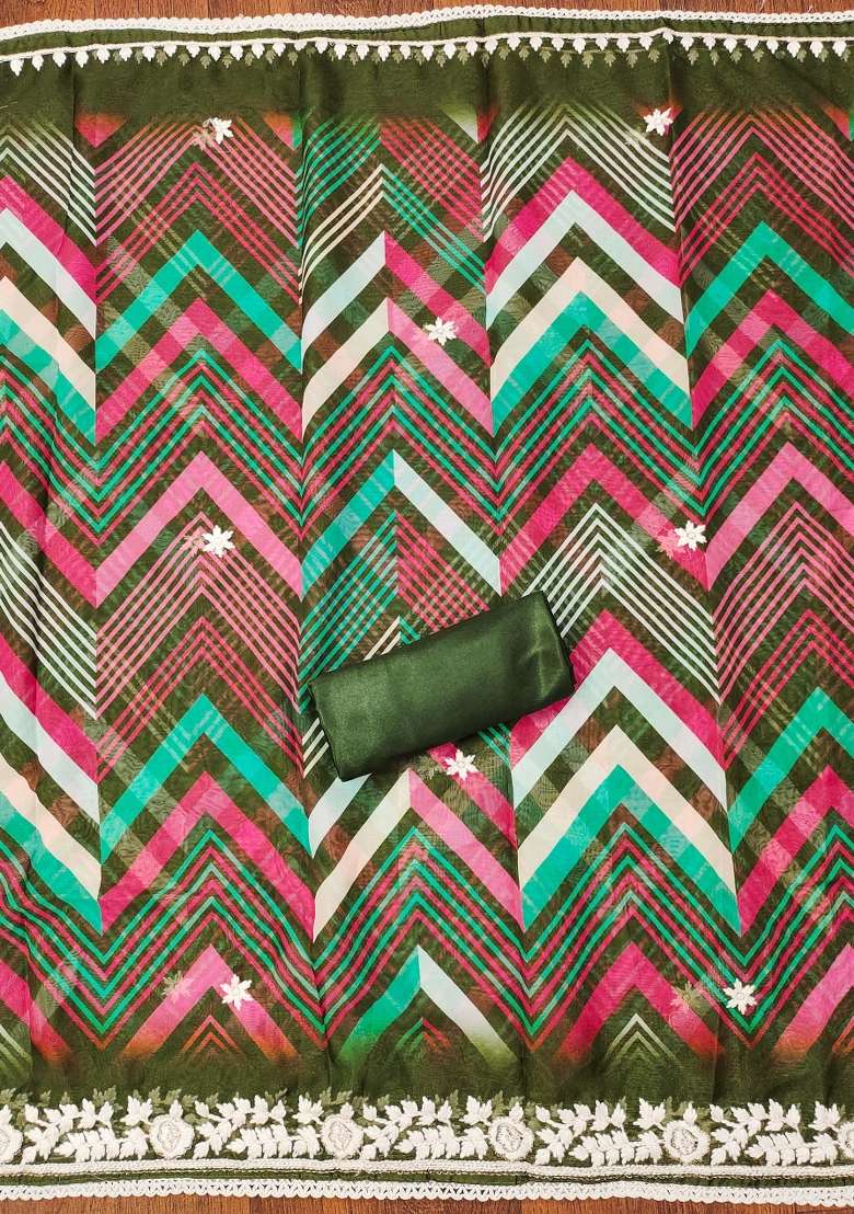 Olive Green Embroidered Oragnza Dress Material - Indya