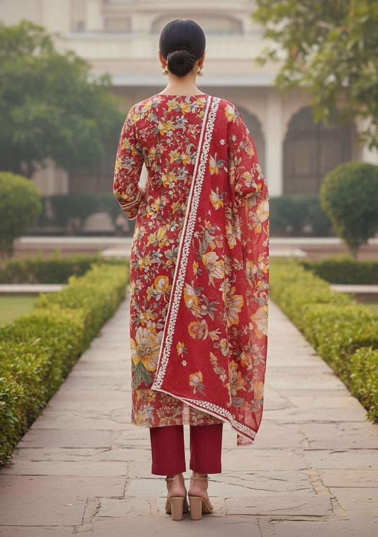 Red Embroidered Oragnza Dress Material - Indya