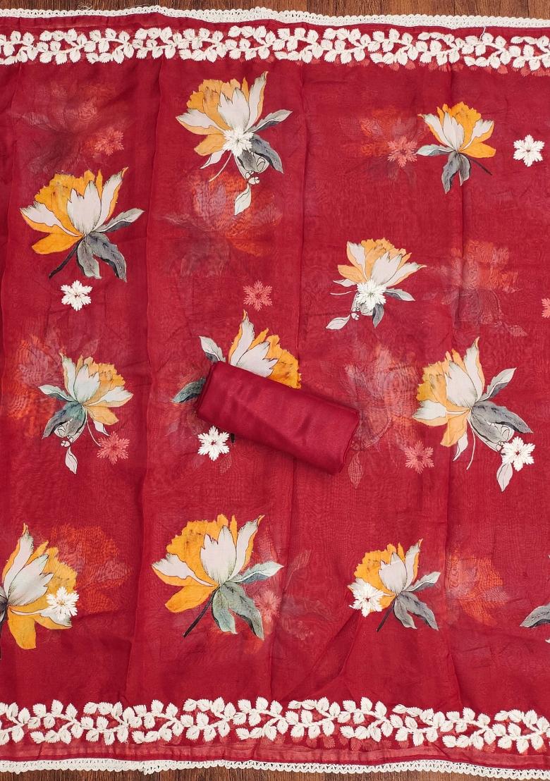 Red Embroidered Oragnza Dress Material - Indya