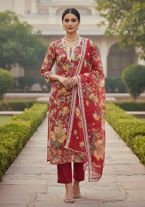 Red Embroidered Oragnza Dress Material
