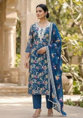 Navy Blue Embroidered Oragnza Dress Material