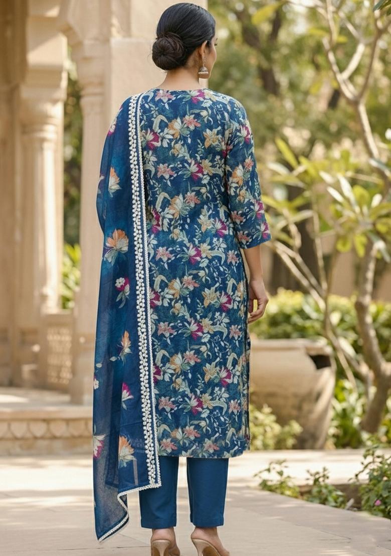 Navy Blue Embroidered Oragnza Dress Material - Indya
