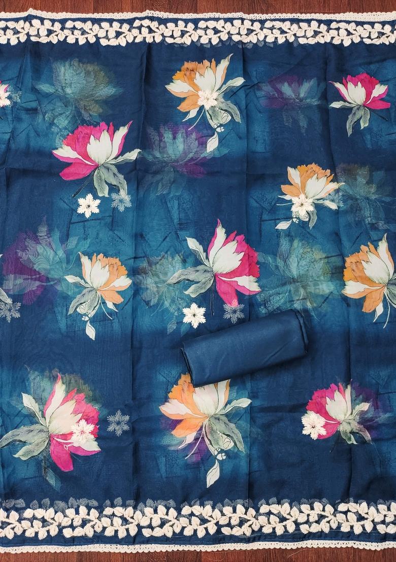 Navy Blue Embroidered Oragnza Dress Material - Indya