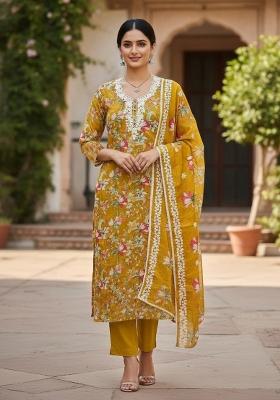 Mustard Embroidered Oragnza Dress Material