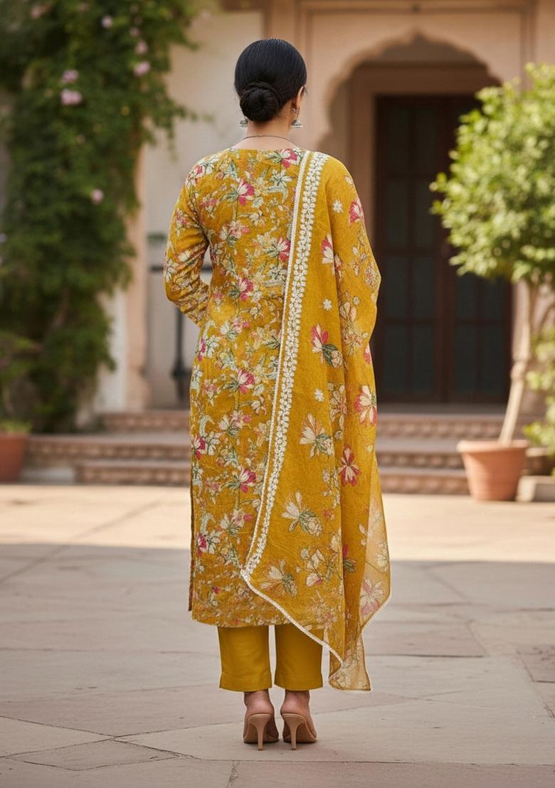 Mustard Embroidered Oragnza Dress Material - Indya