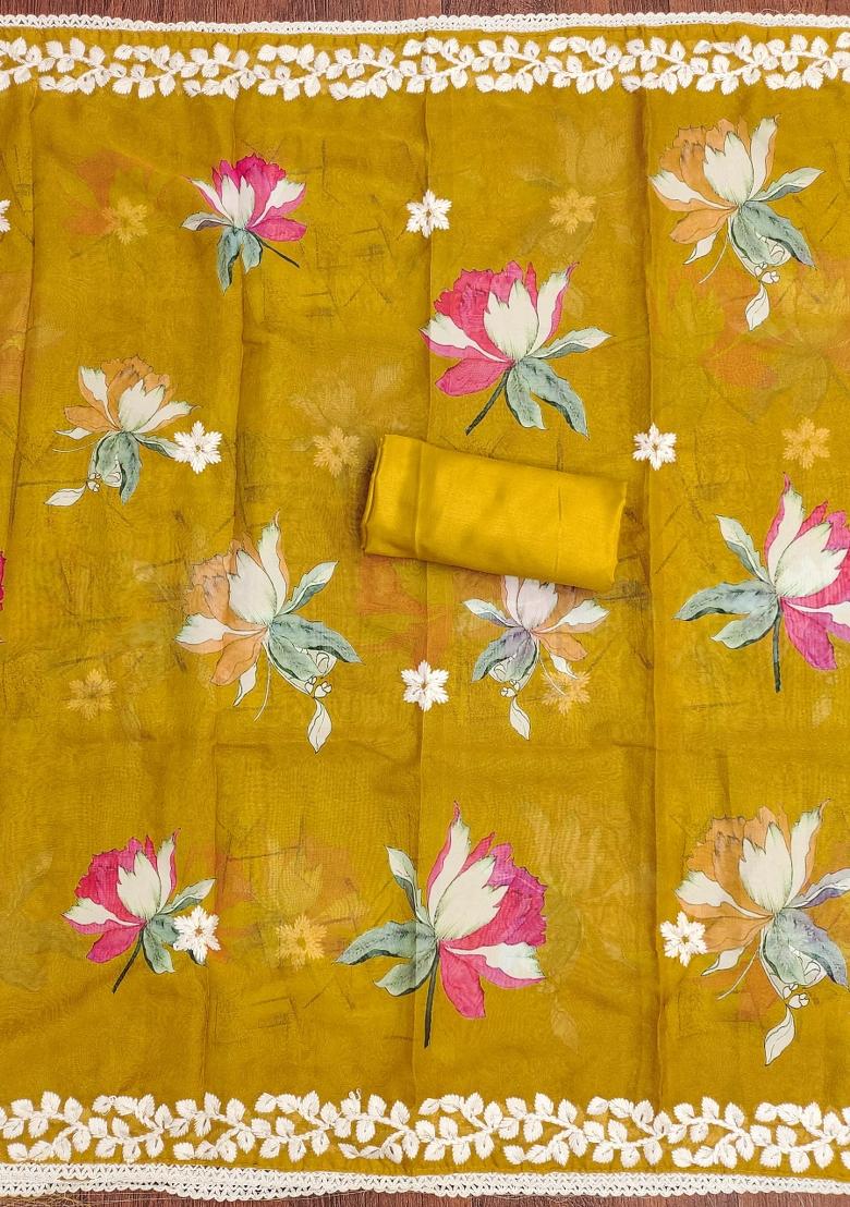 Mustard Embroidered Oragnza Dress Material - Indya
