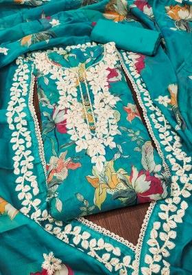 Sky Blue Embroidered Oragnza Dress Material
