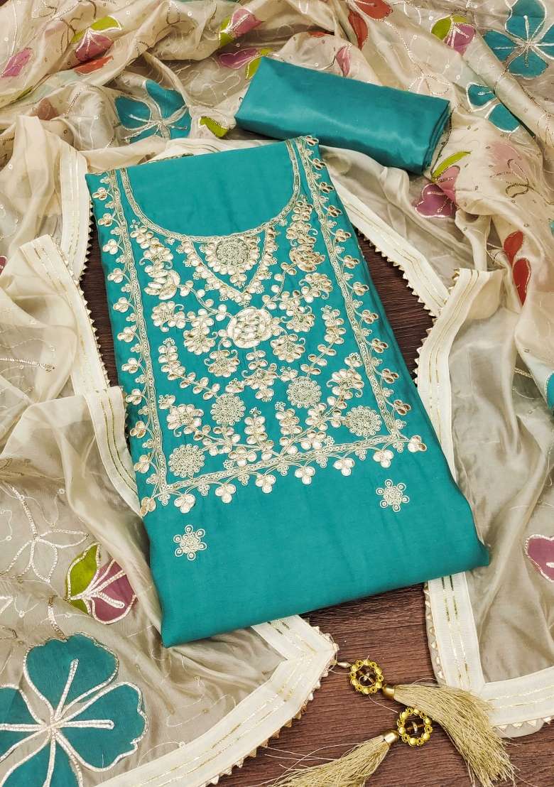 Teal Embroidered Silk Blend Straight Kurta Set - Indya