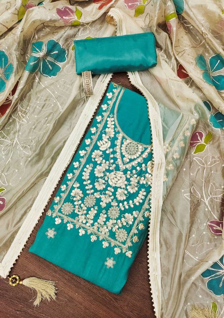 Teal Embroidered Silk Blend Straight Kurta Set - Indya