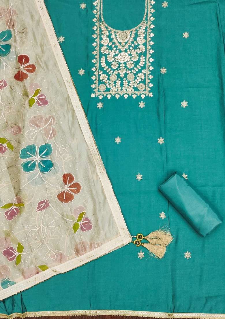 Teal Embroidered Silk Blend Straight Kurta Set - Indya