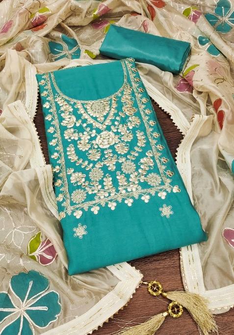 Teal Embroidered Silk Straight Kurta Set