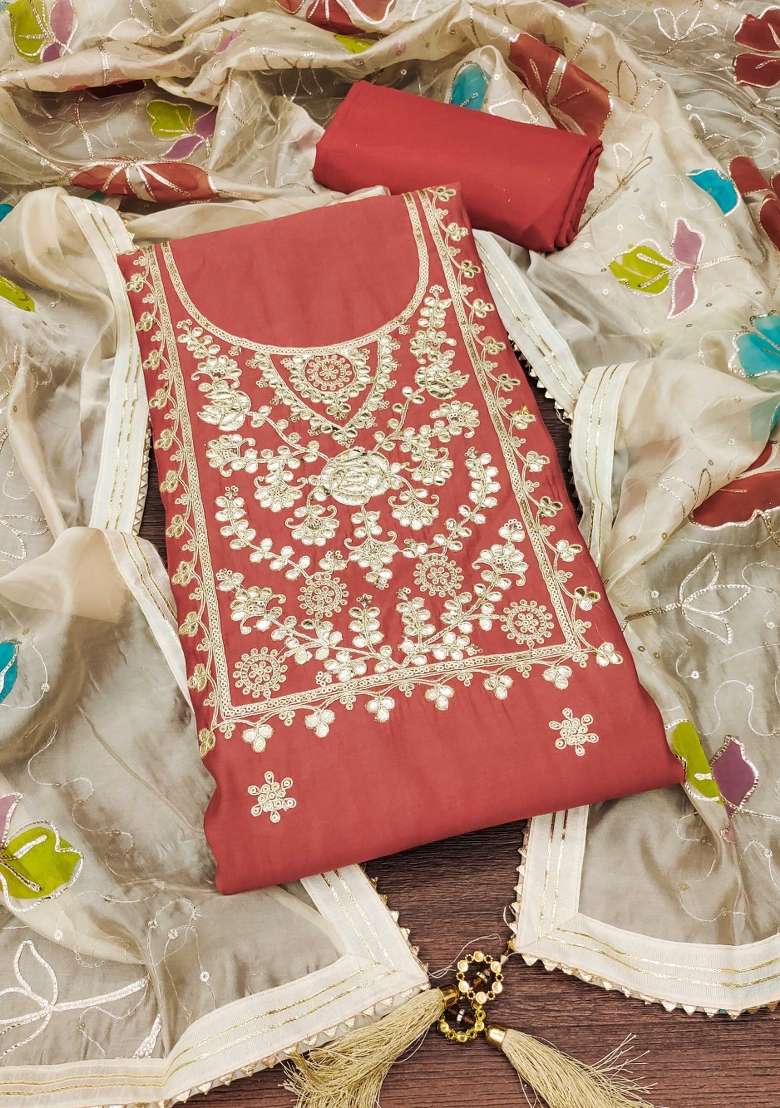 Peach Embroidered Silk Dress Material - Indya