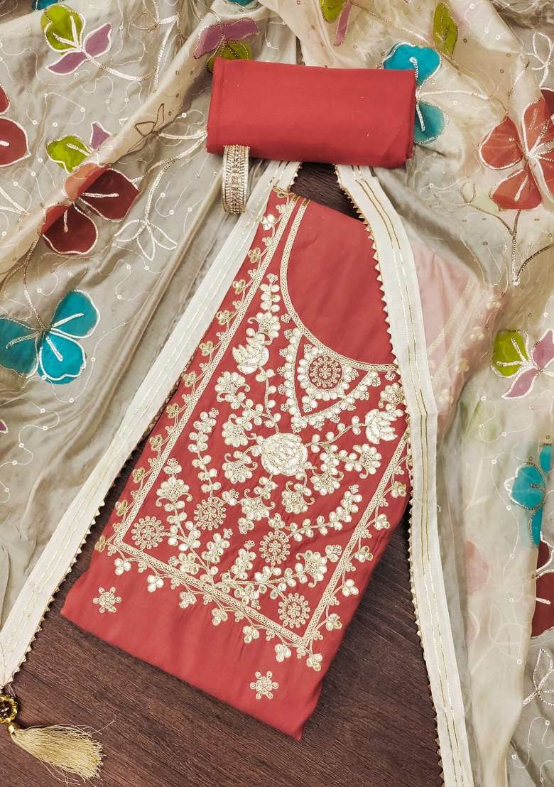 Peach Embroidered Silk Dress Material - Indya