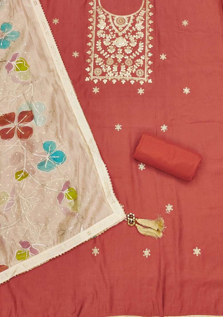 Peach Embroidered Silk Dress Material - Indya
