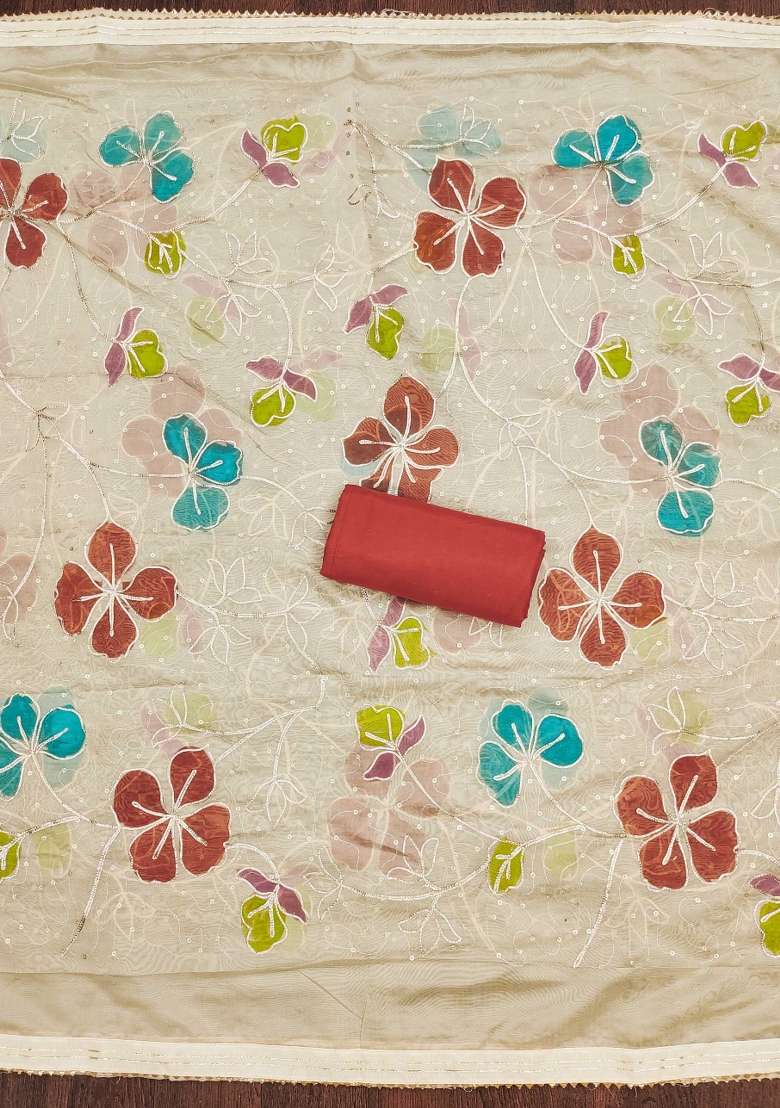 Peach Embroidered Silk Dress Material - Indya