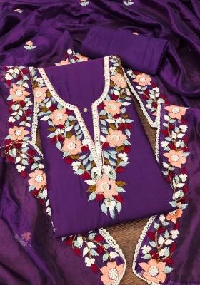 Purple Embroidered Silk Dress Material