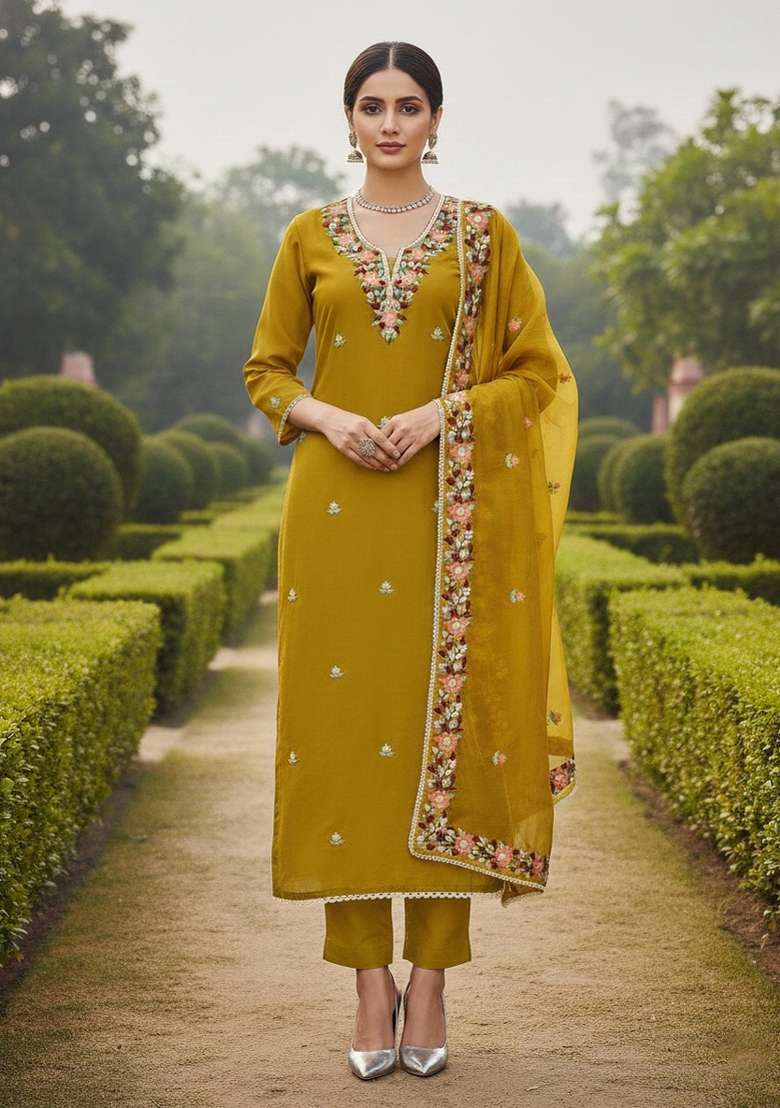 Mustard Embroidered Silk Dress Material - Indya