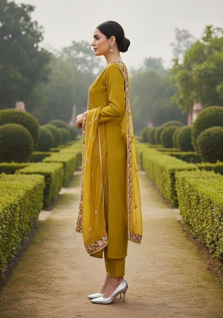 Mustard Embroidered Silk Dress Material - Indya