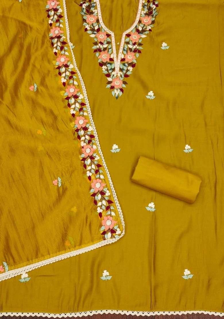 Mustard Embroidered Silk Dress Material - Indya