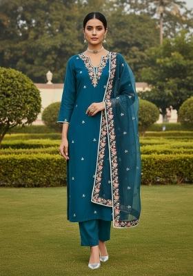 Teal Embroidered Silk Dress Material