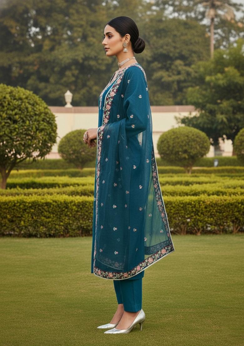 Teal Embroidered Silk Dress Material - Indya