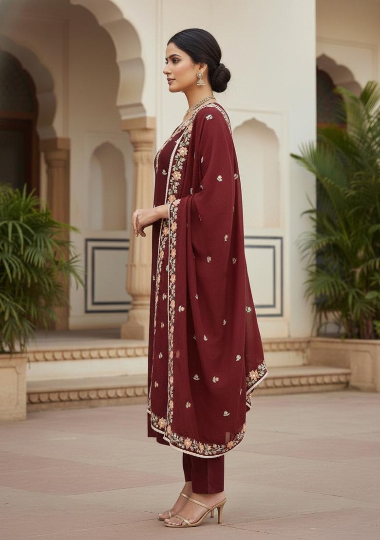 Maroon Embroidered Silk Dress Material - Indya
