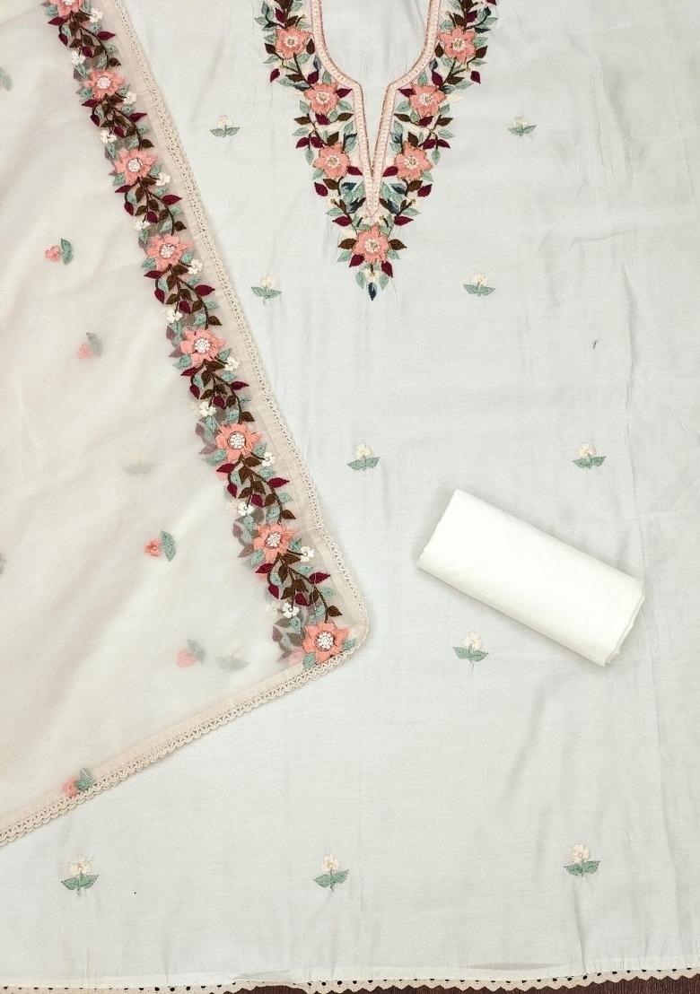 Off White Embroidered Silk Dress Material - Indya