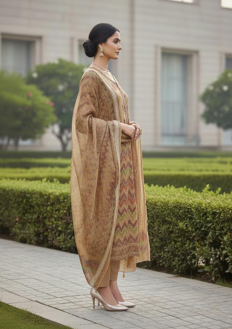 Multicolor Embroidered Oragnza Dress Material - Indya