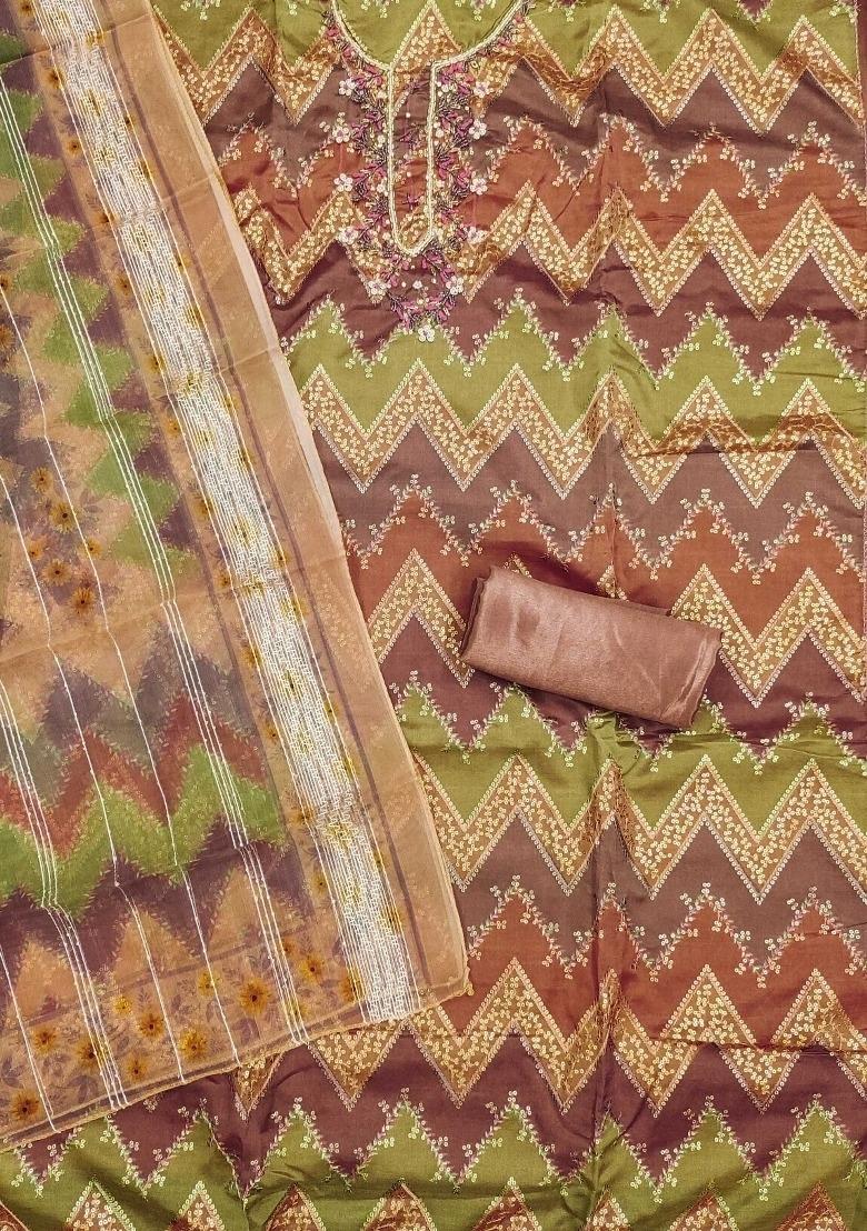 Multicolor Embroidered Oragnza Dress Material - Indya