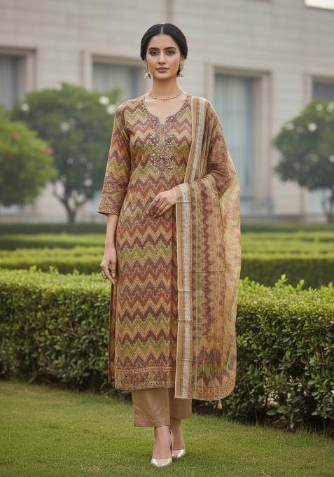 Multicolor Embroidered Oragnza Dress Material