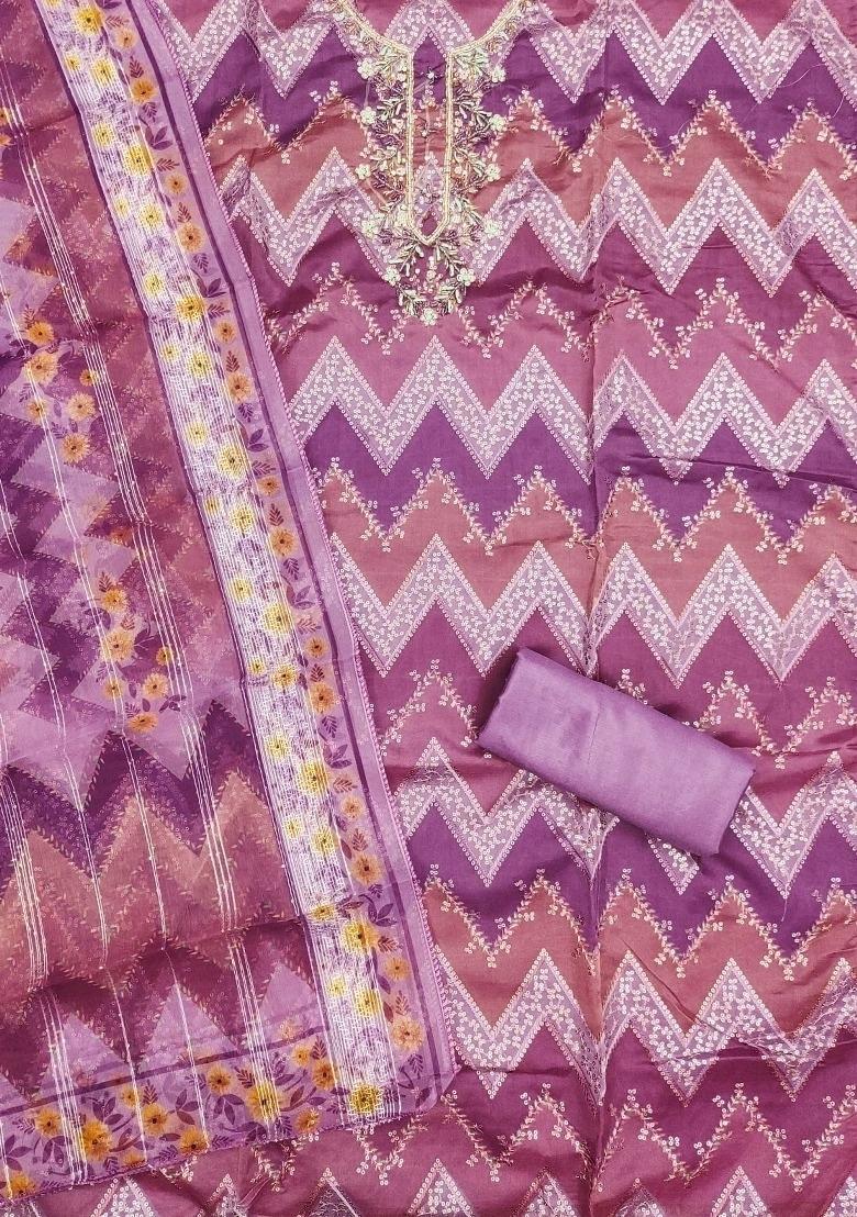 Multicolor Embroidered Oragnza Dress Material - Indya