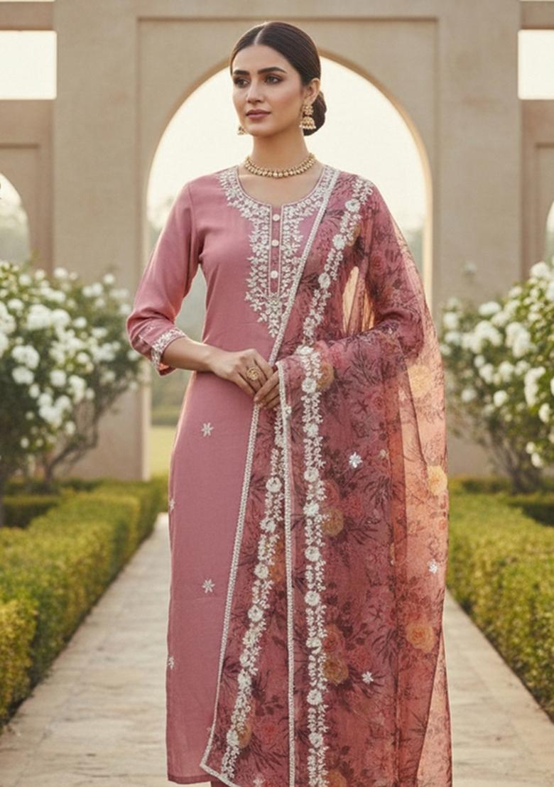 Pink Embroidered Silk Dress Material - Indya