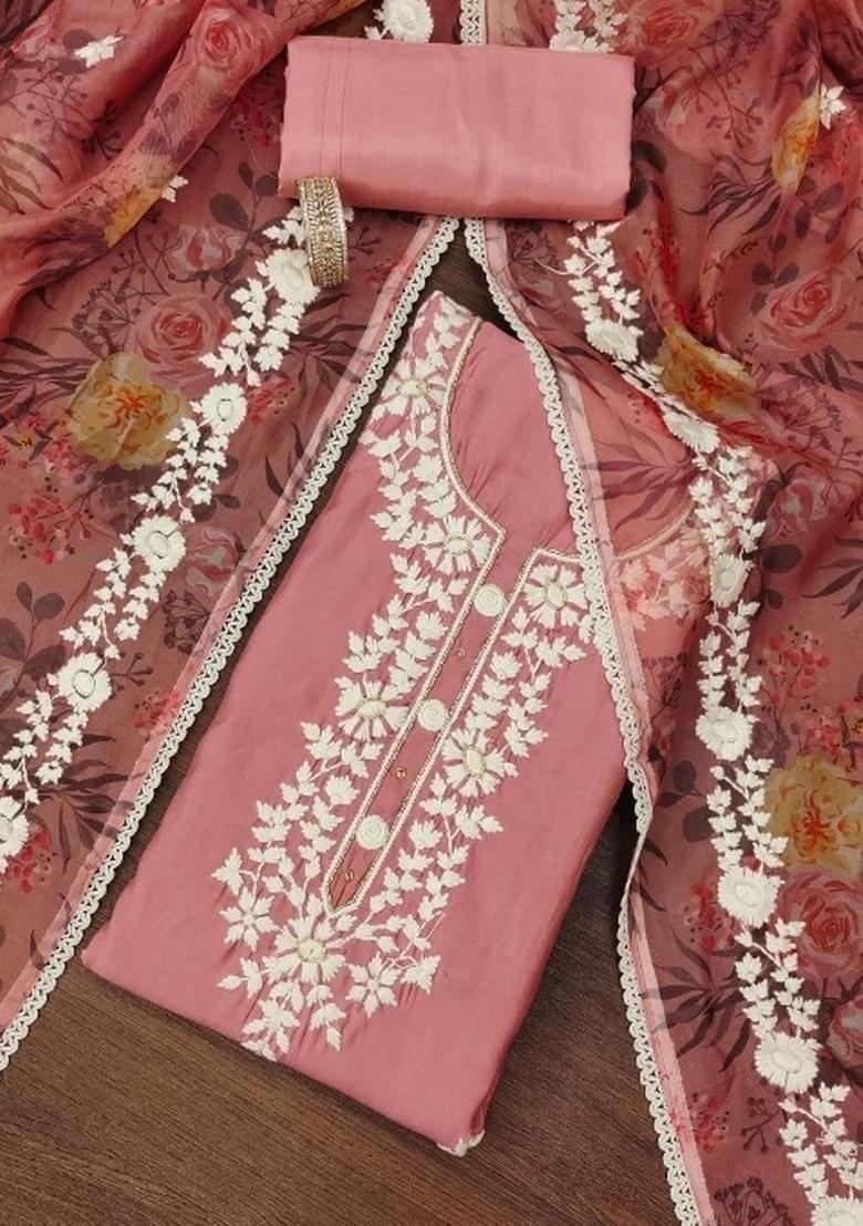 Pink Embroidered Silk Dress Material - Indya