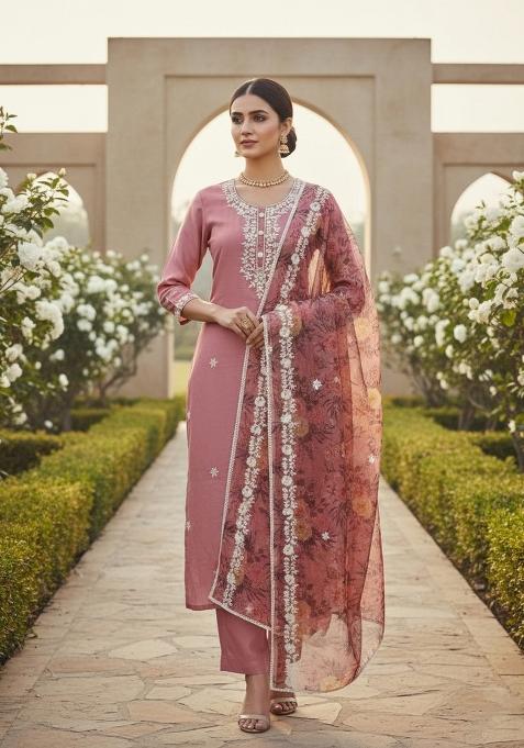Pink Embroidered Silk Dress Material