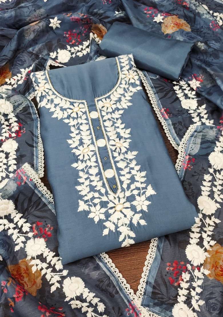 Grey Embroidered Silk Dress Material - Indya