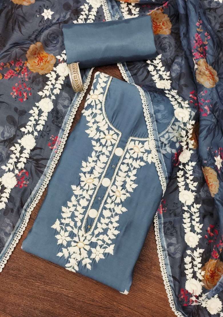 Grey Embroidered Silk Dress Material - Indya