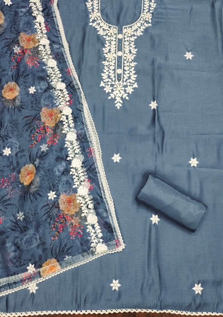 Grey Embroidered Silk Dress Material - Indya