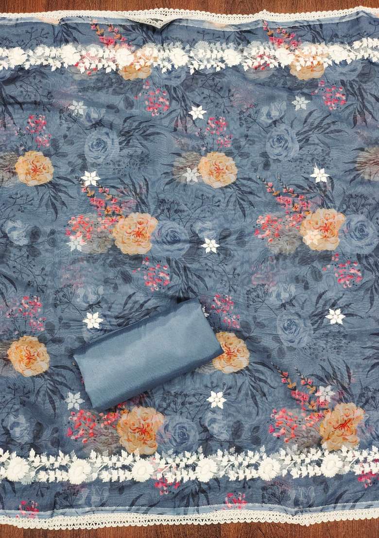 Grey Embroidered Silk Dress Material - Indya
