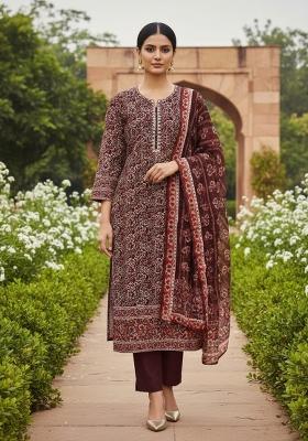 Maroon Embroidered Oragnza Dress Material