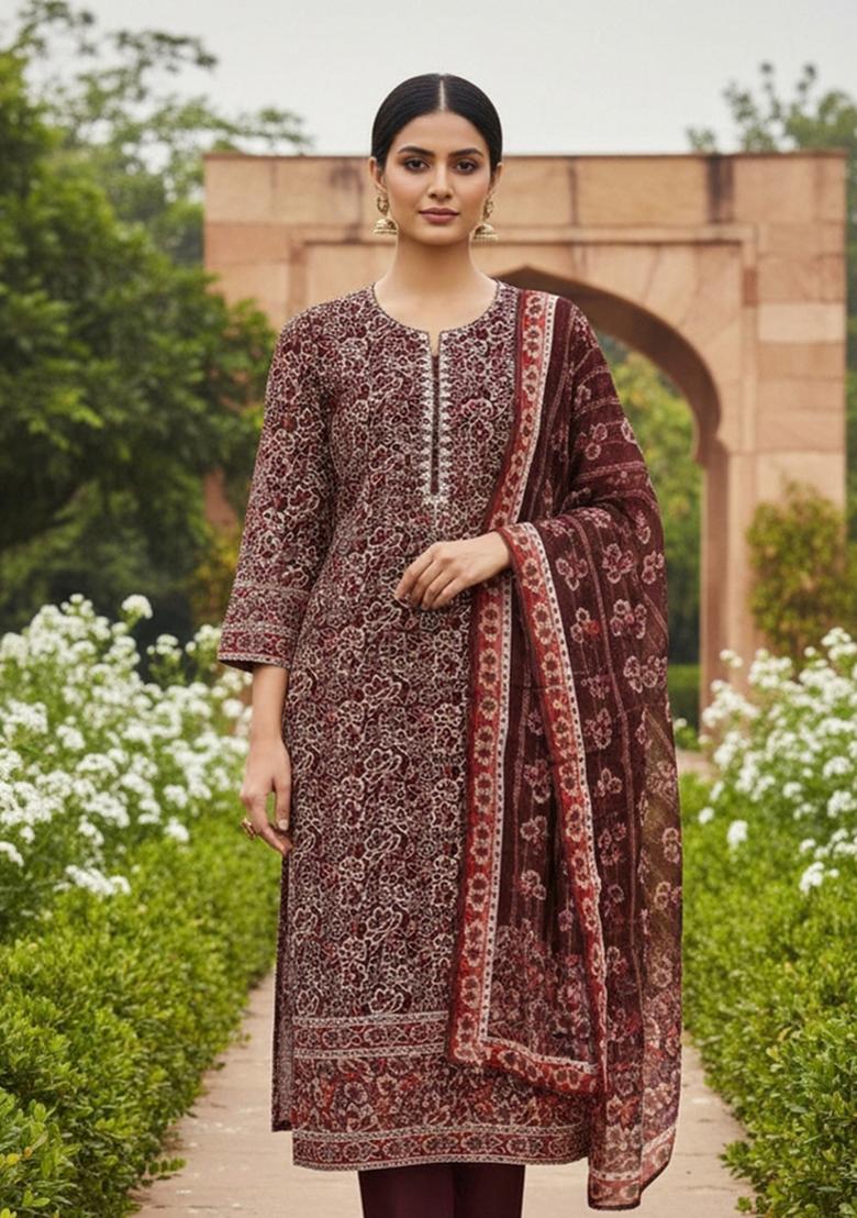 Maroon Embroidered Oragnza Dress Material - Indya