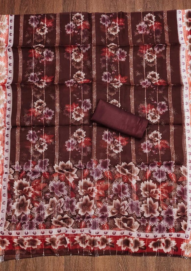 Maroon Embroidered Oragnza Dress Material - Indya