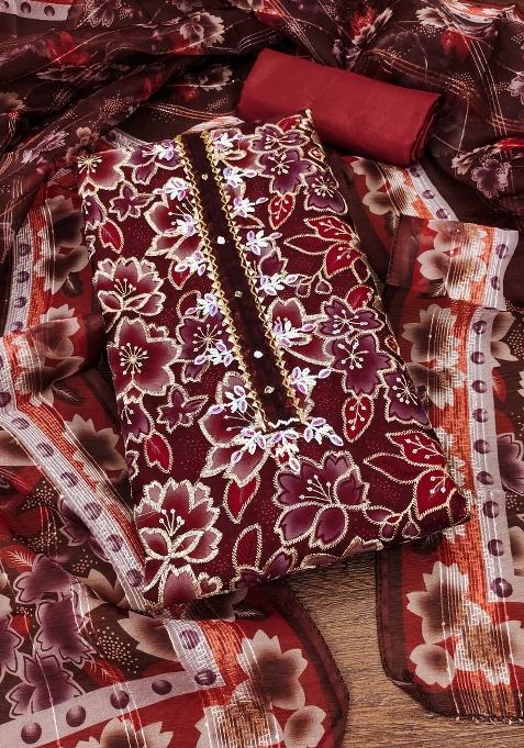 Red Embroidered Organza Straight Kurta Set