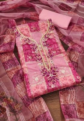 Pink Embroidered Oragnza Dress Material