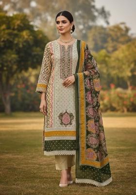 Multicolor Embroidered Oragnza Dress Material