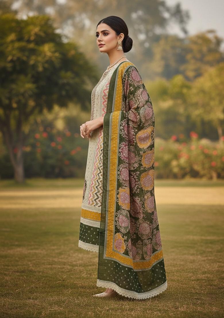 Multicolor Embroidered Oragnza Dress Material - Indya